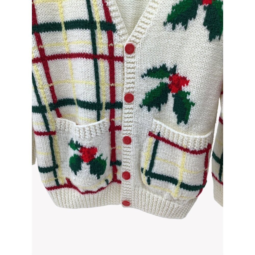 Vintage Holiday Cardigan Sweater With Holly Plaid Knit Design Est Sz L - Picture 2 of 3
